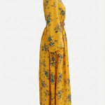 A-Line Elasticated Waist Belted Buttoned Contrast Color Flower Print Pleated Split-Joint Lapel Maxi Dresses Shirt Dress