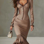 Vintage Ruffled Hem Lace-trimmed Polyester Satin Midi Dress