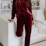 Red Solid Velvet Round Neck Top & Drawstring Pants Longe Set