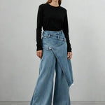 High Waisted Irregularity Asymmetric Buttoned Fringed Interlace Layered Pockets Solid Color Jean Pants Bottoms