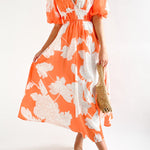 Elegant V-neck slim waist large swing skirt printed dress