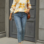 Floral Print Color Block Pullover Long Sleeve Sweater