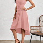 A-Line High Waisted Asymmetric Pleated Solid Color Split-Joint Round-Neck Midi Dresses