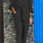 Casual Solid Color V-Neck Shirt & Pants Cotton Linen Two-Piece Set