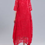 A-Line Half Sleeves Flower Print See-Through Solid Color Round-Neck Midi Dresses
