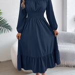 A-Line Elasticated Waist Pleated Solid Color Round-Neck Maxi Dresses