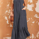 Grey Solid Color Sleeveless Flare Leg Jumpsuit with Pockets