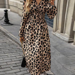 Elasticated Waist High Waisted Contrast Color Leopard Pleated Split-Joint V-Neck Maxi Dresses