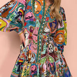 Printed Lace-up Pleated Dress