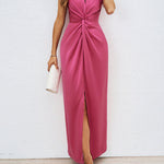 Bodycon High Waisted Elasticity Knot Solid Color Split-Front Split-Joint Zipper V-Neck Maxi Dresses