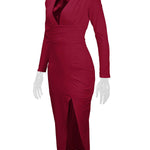 Bodycon Elasticated Waist Pleated Solid Color Split-Joint Split-Side Deep V-Neck Midi Dresses