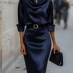 Elegant Satin Draped-Collar Midi Dress With Black Belt