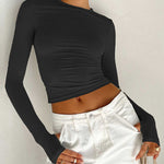 Long Sleeves Skinny Hollow Solid Color Round-Neck T-Shirts Tops