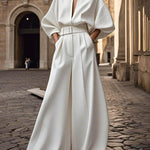 Half Sleeves Loose No Belt Solid Color Deep V-Neck Jumpsuits