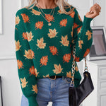 Maple Leaf Pattern Jacquard Casual Pullover Sweater for Women