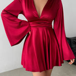 Bodycon Elasticated Waist Solid Color Deep V-Neck Mini Dresses