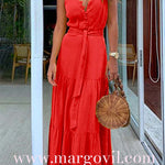 Margovil Buttons V Neck Sleeveless Tie Waist Maxi Swing Dress
