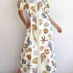 A-Line High Waisted Buttoned Contrast Color Pockets Print Split-Joint Tied Waist Stand Collar Maxi Dresses Shirt Dress