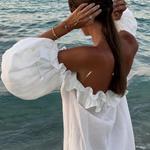 Linen Blend Off Shoulder Ruffle Puff Sleeve Pocketed Midi Dress
