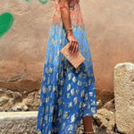 Evaluna Tie Dye Gradient Golden Flower Print Short Sleeve A-line Maxi Dress