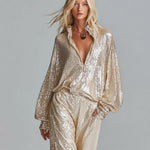 Women's Gold Glamorous Sequin Collared Half - Zip Wide - Leg Loungewear Party Set