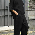 Casual Solid Color Crewneck Top & Pants Cotton Linen Two-piece Set