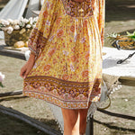 A-Line Loose Contrast Color Flower Print Pleated V-Neck Mini Dresses