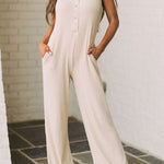 Apricot Sleeveless Buttoned Ribbed Wide Leg Jumpsuit with Pockets