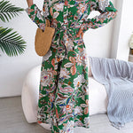 Long Sleeves Buttoned Flower Print Tied Waist Lapel Maxi Dresses