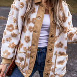 Light French Beige Cute Flower Pattern Button Up Fleece Jacket