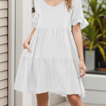 A-Line Flared Sleeves Pleated Pockets Ruffled Solid Color Split-Joint Round-Neck Mini Dresses