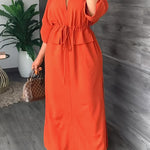 Loose Drawstring Solid Color Split-Side V-Neck Maxi Dresses