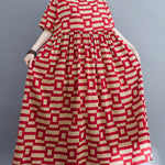 Loose Short Sleeves Plaid Round-Neck Midi Dresses