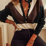 Geometric Color Block Knit Button V Neck Sweater