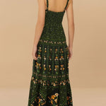 Tropical Look Linen Blend Floral Print Square Neck Back Smocked Midi Dress