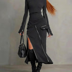 Bodycon Irregularity Asymmetric Solid Color Split-Joint Split-Side Zipper Mock Neck Blouses&Shirts Tops + Pockets  Skirts Bottoms Two Pieces Set