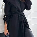 Effortless and Warm Textured Fabric Drawstring Waist Pocket Hooded Midi Coat