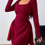 A-line High Waisted Pleated Solid Color Square-neck Mini Dresses