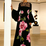 Flared Sleeves Long Sleeves Contrast Color Flower Print Hollow Print Split-Joint Round-Neck Maxi Dresses
