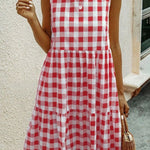 Loose Sleeveless Hollow Plaid Pleated Split-Joint Round-Neck Mini Dresses