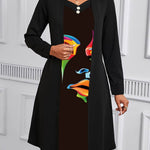 A-Line False Two Buttoned Contrast Color Human Pattern Print Split-Joint Square-Neck Midi Dresses