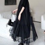 Fake Two-Piece Loose Gauze Pleated Solid Color Split-Joint Tiered Round-Neck Midi Dresses