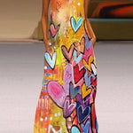 A-Line Loose Heart Print Round-Neck Maxi Dresses