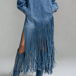 Ursime Daily Blue High Collar Lantern Sleeve Long Sleeve Strappy Western Pocket Denim Midi Dresses [Pre-Order]