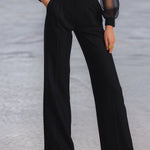 Button-front Sheer-Sleeve Tailored Wide-Leg Jumpsuit
