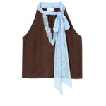 Sunday Social Contrast Color Satin Lace Trim Neck Strap Loose Tank