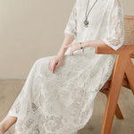 Half Sleeves Loose Gauze See-Through Solid Color Round-Neck Maxi Dresses