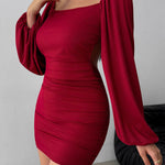 Bodycon High Waisted Backless Elasticity Pleated Solid Color Split-Joint Square-Neck Mini Dresses
