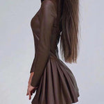 Long Sleeves Skinny Pleated Split-Joint Zipper Stand Collar Mini Dresses