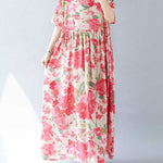 A-line Batwing Sleeves Flower Print Pleated Split-Joint Round-neck Midi Dresses